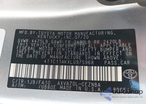 2020 Toyota Camry Le z USA, uszkodzony, nr VIN 4T1C11AKXLU975968